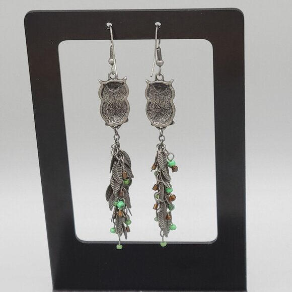 Silver Tone Owl Dangle Earrings With Beads & Leaf Charms Fish Hook 4 in Length - Picture 6 of 7